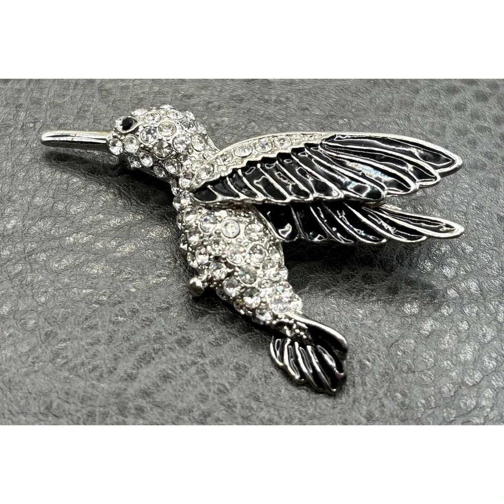 Robert Morris Silver Tone Hummingbird Brooch Crystal Rhinestone Black Enamel Pin